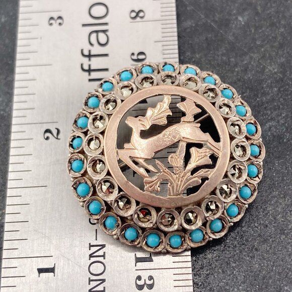 ANTIQUE Coin silver, marcasite, and turquoise glass deer brooch ~ Victorian pin - Picture 2 of 9